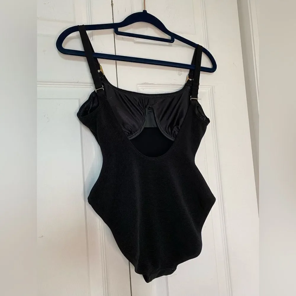 1990/80s Baja Blue Black Swimsuit with Gold Details
